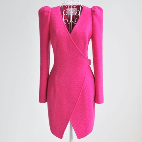 Fuchsia Pink Genuine Wool Long Jacket Blazer Coat - Picture 6 of 11